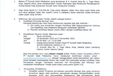 TENDER PEKERJAAN JASA KONSTRUKSI PEMBANGUNAN RUANG RAWAT INAP KEBUTUHAN RUMAH SAKIT PELABUHAN CIREBON